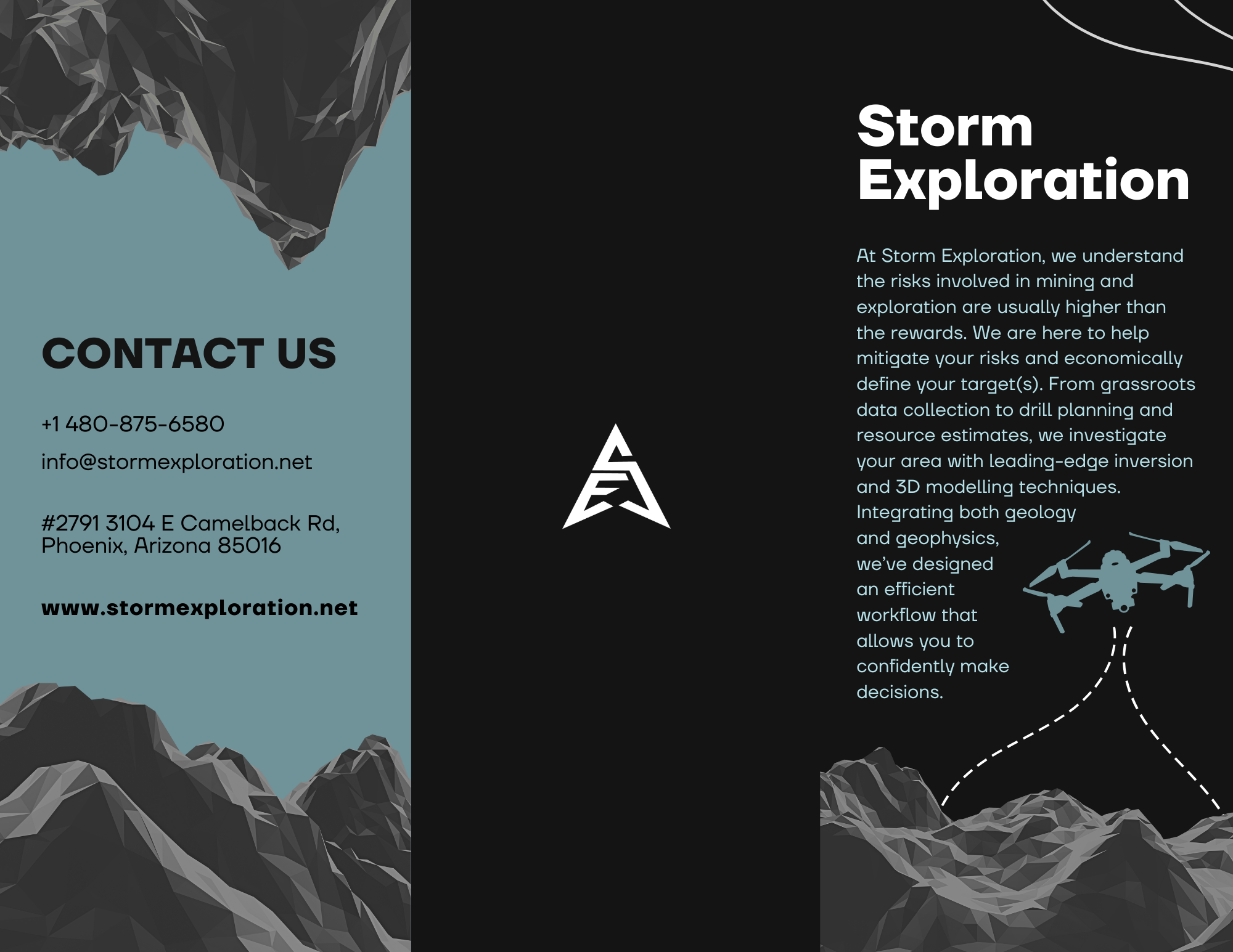 Business contact card for Storm Exploration showing mountains, address in Phoenix, Arizona, phone number, email, and website link.