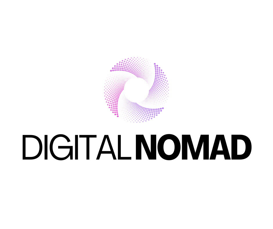 Logo with a circular dot pattern in shades of purple and pink above the text "DIGITAL NOMAD" in bold black letters.