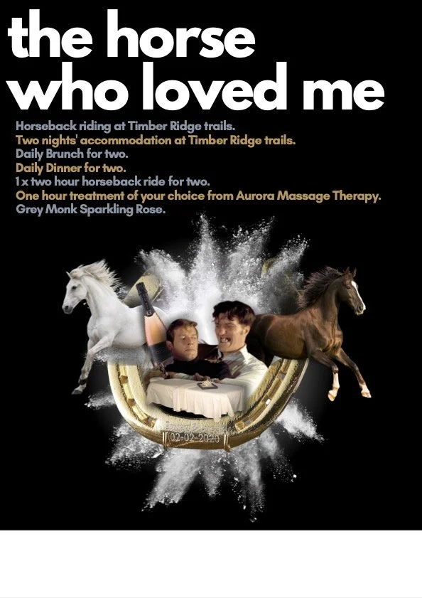 A promotional image for a horseback riding and spa package, featuring a collage of two people sitting at a table with a champagne bottle and two horses, surrounded by splashes and a horseshoe, with a list of included activities and amenities written 
