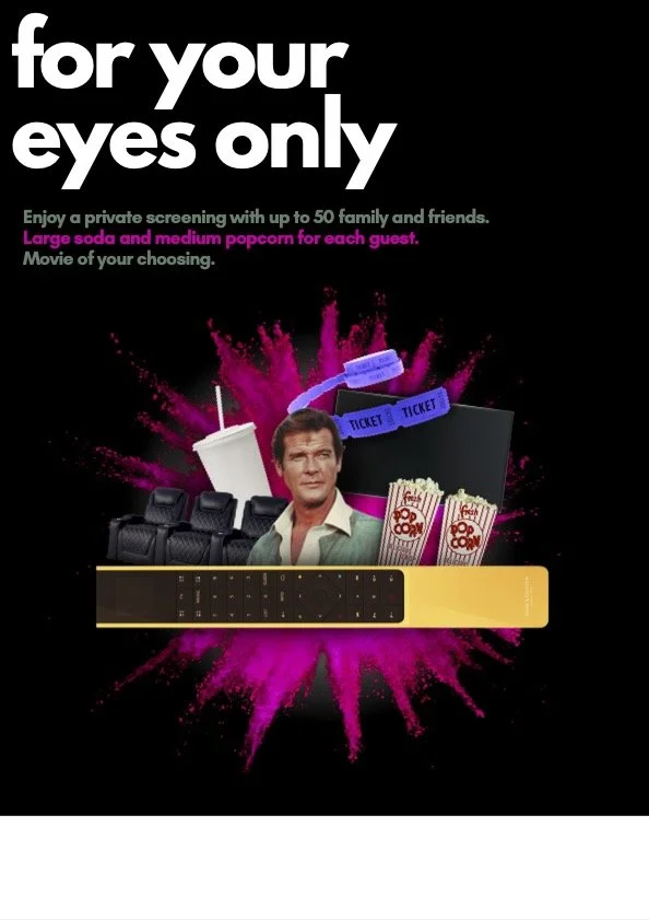 Promotion for private movie screenings featuring popcorn, soda, tickets, and theater seats, with a man and a purple and yellow concession tray against a black background with a pink splash design.