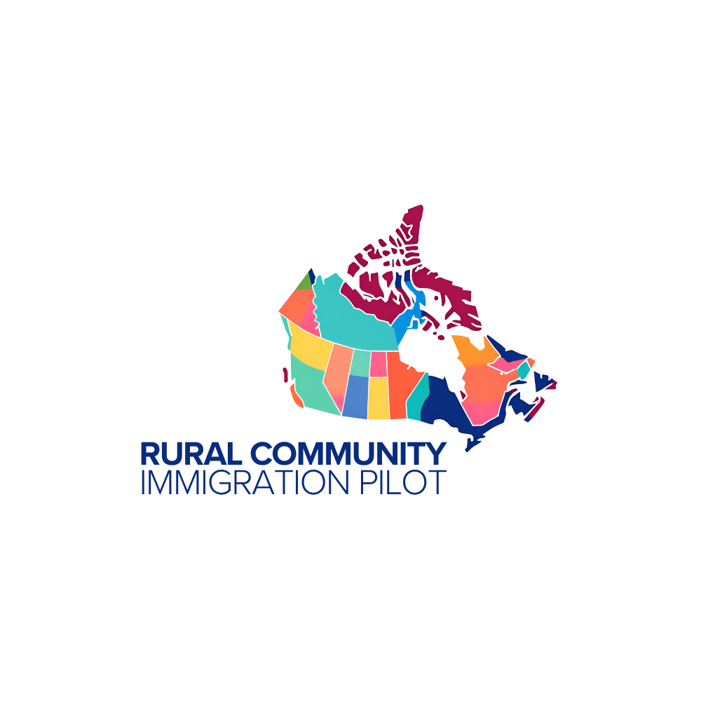 Colorful map of Canada with the text 'Rural Community Immigration Pilot' in blue.