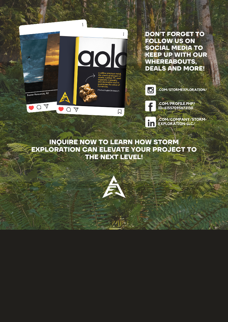 A promotional graphic for Storm Exploration featuring social media handles, a forest background, and images of magazines or brochures.