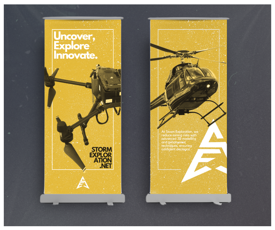 Two yellow display banners showcasing a drone and a helicopter with the themes of exploration and innovation, promoting Storm Exploration with messages about reducing risks through advanced modeling and techniques.