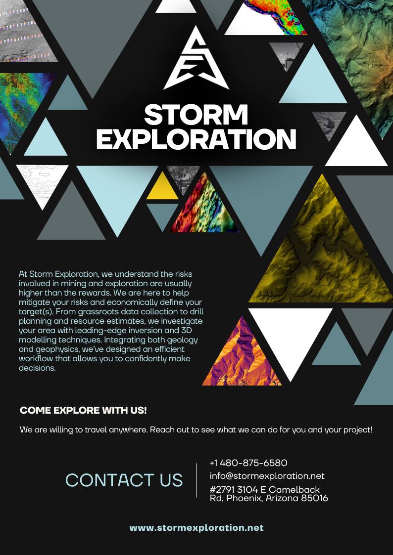A promotional flyer for Storm Exploration featuring a geometric design with various colorful geological and topographical images and text about their exploration services.