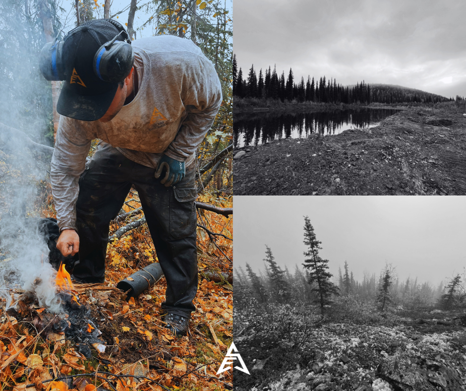 A person wearing safety gear, including ear protection and gloves, is tending to a small fire in a forest with fallen leaves. The image is split into three sections, with the main focus on the individual in the forest on the left, and two black-and-w