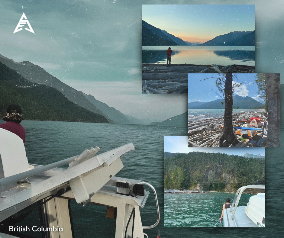 Scenic lake views with mountains in British Columbia. Photos include a person on a boat, a person fishing at sunset, a cluttered lakeside with logs and kayaks, and a person in a life jacket on a boat.