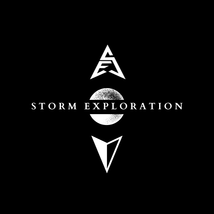 Black background with white graphic design featuring geometric shapes and the text "Storm Exploration" in the center.