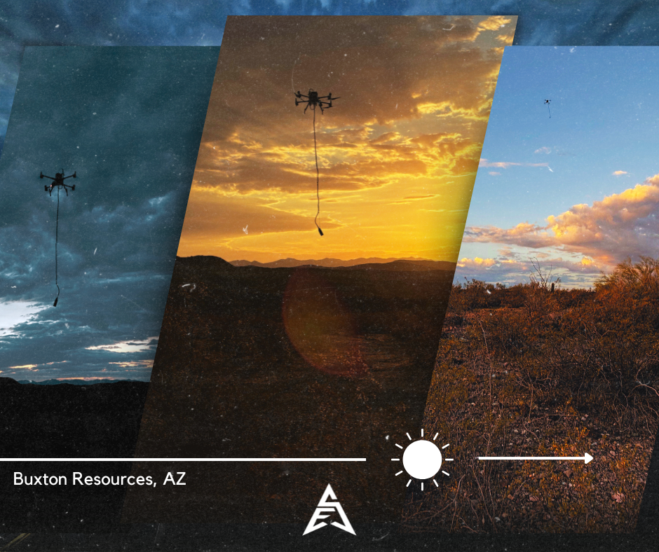 Sequence of three photos showing a drone flying at sunset over desert landscape in Buxton Resources, Arizona.