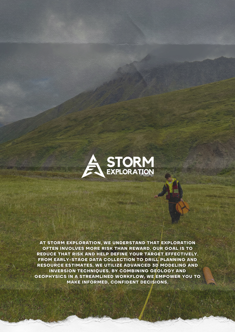 A person in outdoor gear holding a measuring device in a grassy field with mountains and cloudy sky in the background, with the logo and text for Storm Exploration.