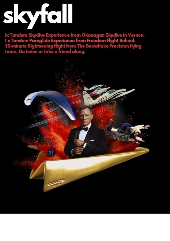 Poster advertising Skyfall experiences, featuring James Bond in a tuxedo, a plane, a jetpack, skydivers, and a paper airplane, with red explosion effects against a black background.