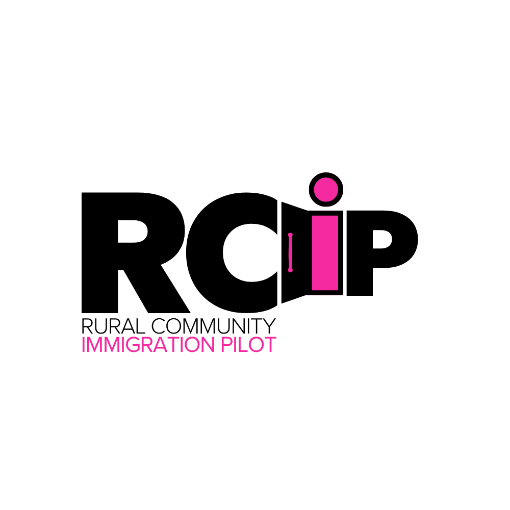 Logo of Rural Community Immigration Pilot with bold black and pink lettering on a white background.