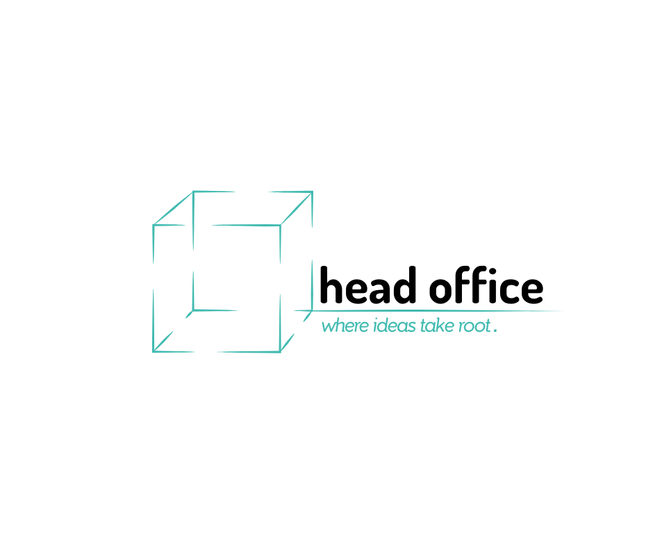 Logo with a stylized cube outline, the text 'head office' in bold, and the tagline 'where ideas take root.' in light teal.