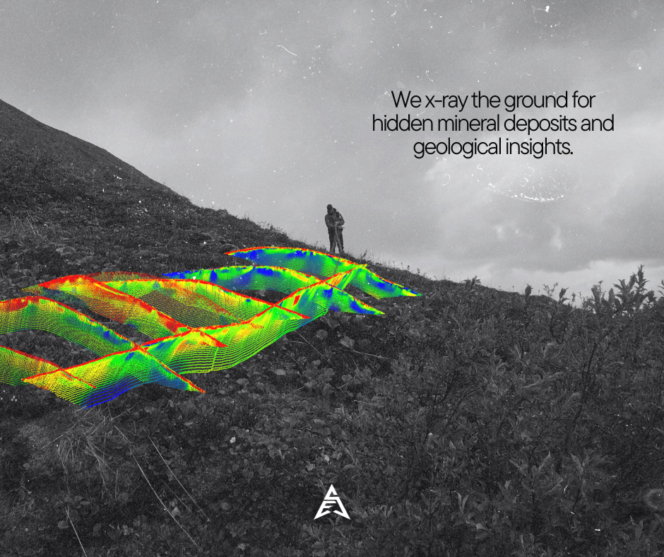 Black and white photo of a person standing on a hillside, with colorful digital topographic data overlay showing underground mineral deposits, and text explaining X-ray ground scanning for geological insights.
