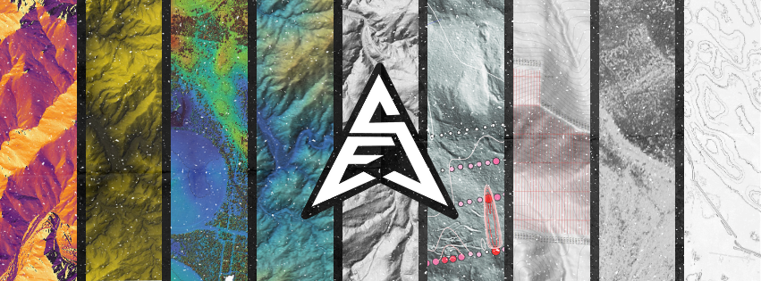 A colorful collage of vertical abstract landscapes with a central stylized logo overlay.