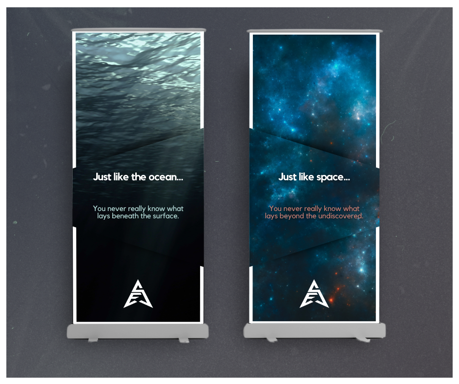 Two vertical banners, one showing the ocean and the other showing space, with the captions "Just like the ocean..." and "Just like space..." and Iinear descriptions about what lies beneath the surface and beyond the undiscovered.