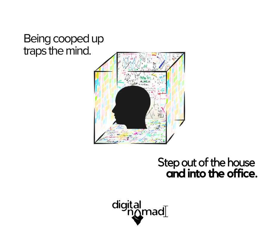 A graphic illustration of a person's head silhouette inside a colorful digital maze with text that says "Being cooped up traps the mind" and "Step out of the house and into the office," with a "digital nomad" logo at the bottom.