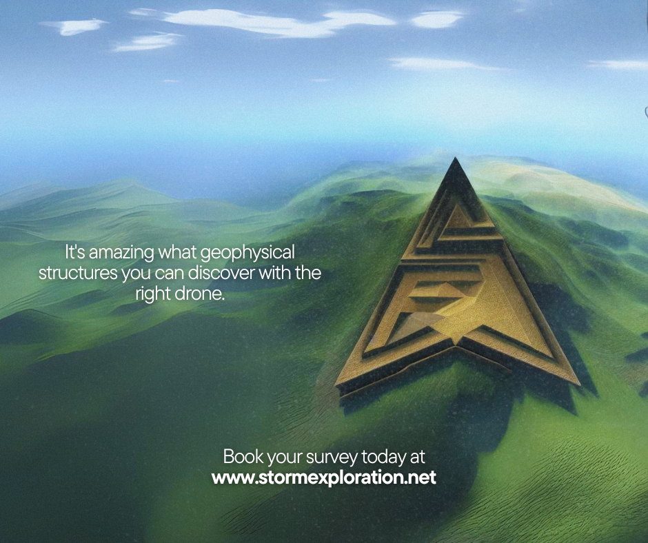 A drone view over a landscape with green hills and a large, three-dimensional star-shaped geophysical structure