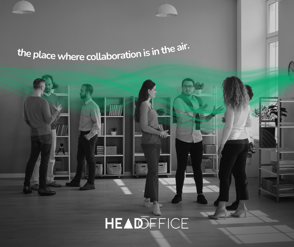 Group of people in a modern office engaging in conversation, with text 'the place where collaboration is in the air' and 'HEAD OFFICE' logo at the bottom.