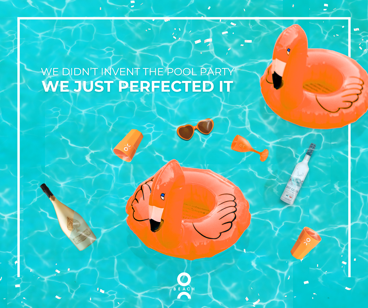 Pool floats shaped like pink flamingos, surrounded by summer drinks and sunglasses on a swimming pool with clear blue water.