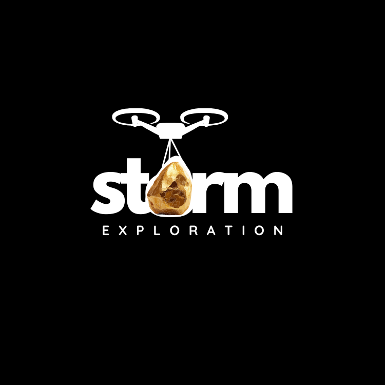 A drone flying above the word 'storm' with a golden rock hanging from it, and the word 'exploration' below.