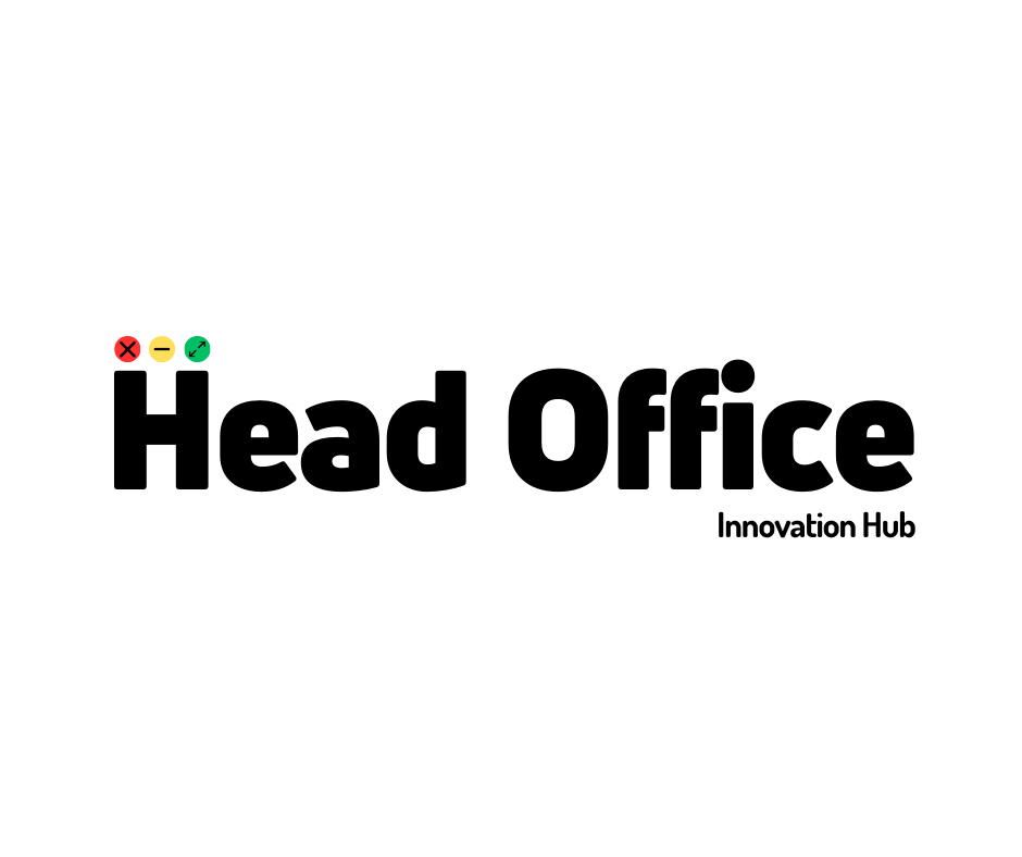 Logo with text 'Head Office' in bold black font, with small icons of a red cross, yellow minus sign, and green checkmark above the 'H', and the words 'Innovation Hub' in smaller font below.