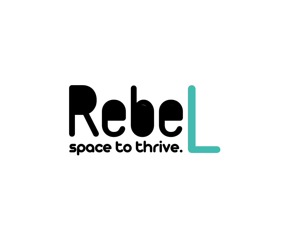 Logo with the word 'Rebel', a subtitle 'space to thrive.', and a stylized letter 'L' in turquoise.