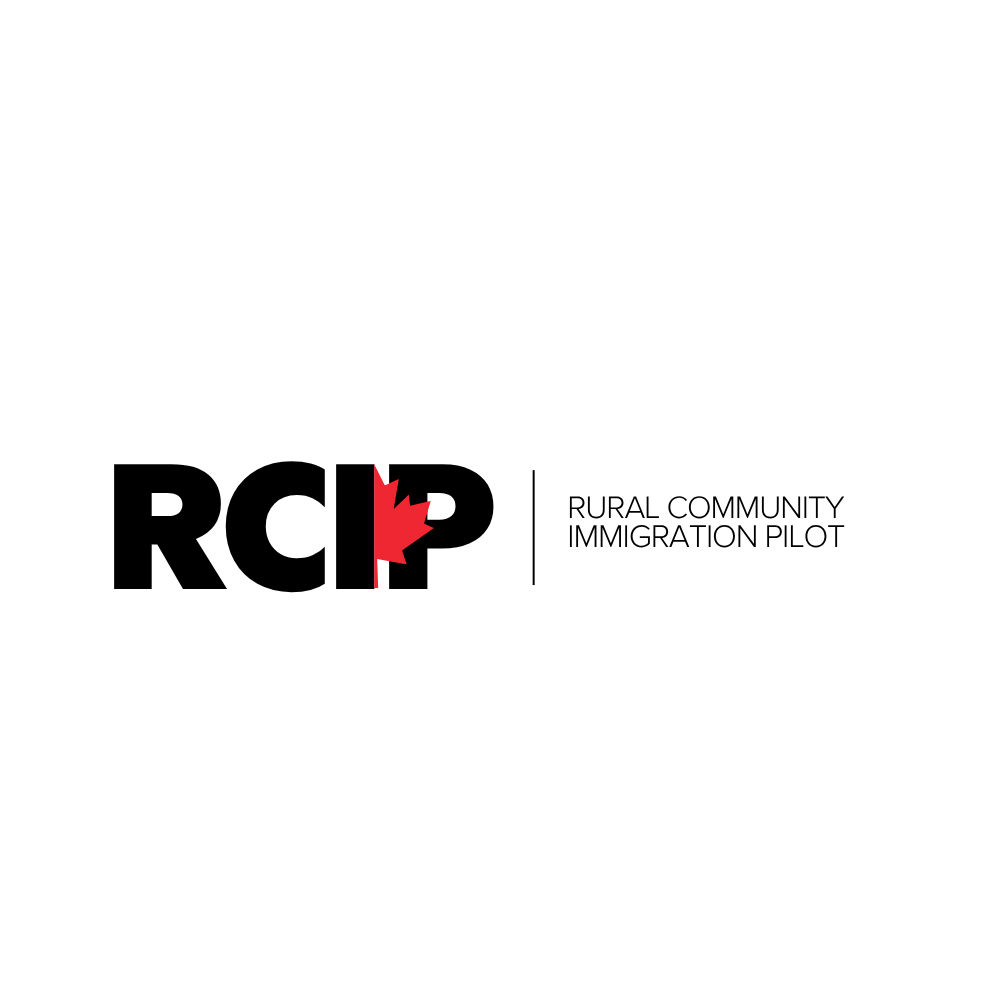 Logo for Rural Community Immigration Pilot with the acronym RCI P and a red maple leaf integrated into the letter 'I'.