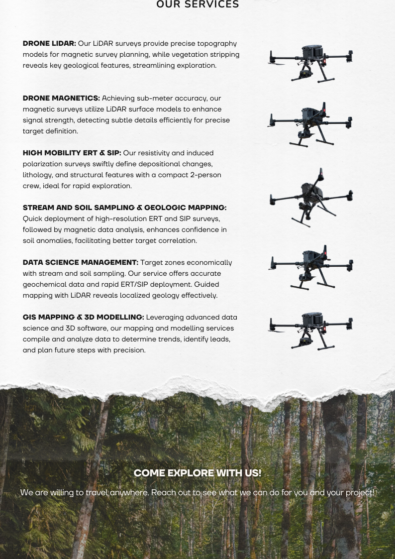 A flyer listing various drone survey services with images of multirotor drones. The services include drone LIDAR, drone magnetics, high mobility ERT and SIP, stream and soil sampling, data science management, and GIS mapping and 3D modeling. There is
