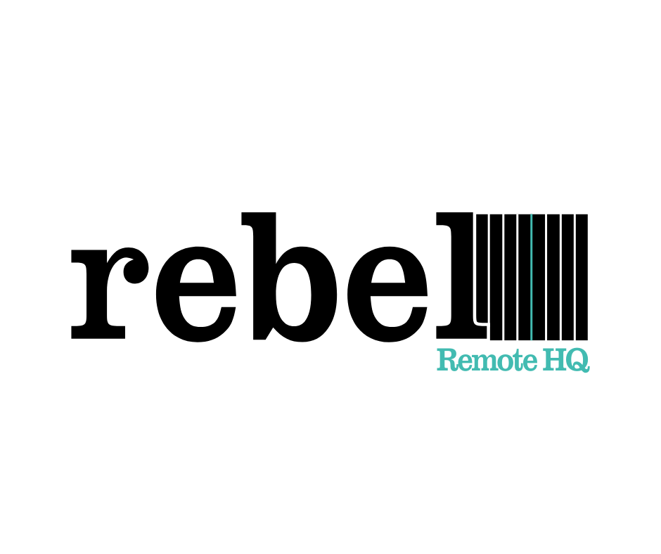 Logo with the word 'rebel' in bold black letters, with a barcode integrated into the 'l', and the words 'Remote HQ' in teal underneath.