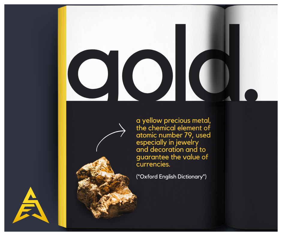 Open book with the word 'gold' in large black letters, a small gold nugget image, and a description about gold being a precious yellow metal used in jewelry, decoration, and currency.