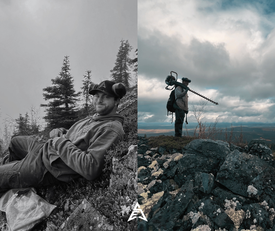 Split image with the left side showing a man lying on a rock in a forested area, smiling at the camera, in black and white. The right side depicts a person standing on rocky terrain holding a large chainsaw across their shoulders, with cloudy sky in 