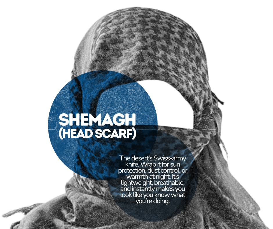 A person wearing a shemagh head scarf, which is wrapped around their head and face, with some text overlay describing its uses and features.