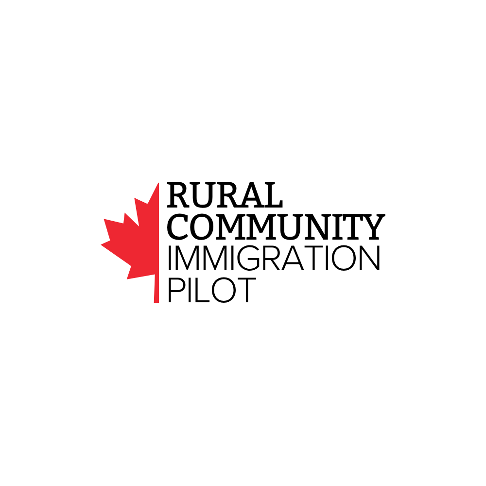 Logo for Rural Community Immigration Pilot featuring a red maple leaf and black text.