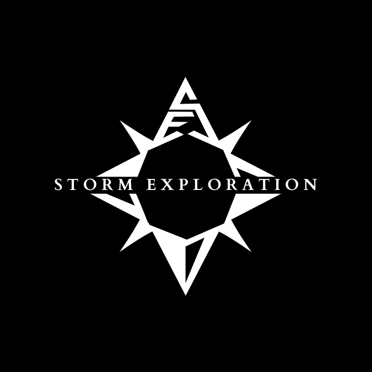A black background with a white geometric star and the words "STORM EXPLORATION" centered across it.