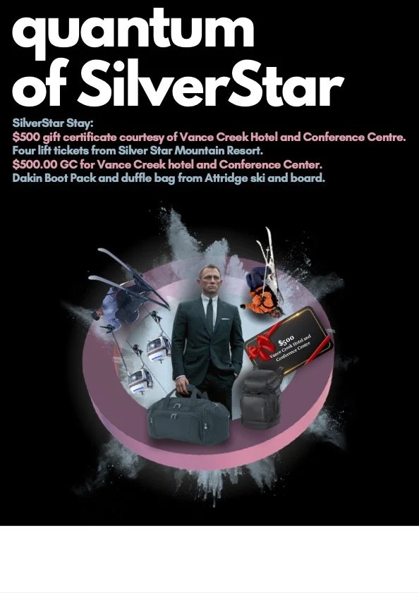 An advertisement titled "Quantum of SilverStar" promoting a contest with prizes, including a $500 gift certificate, lift tickets, and travel gear. The image shows a man in a suit surrounded by travel and skiing equipment, with a dark background and p
