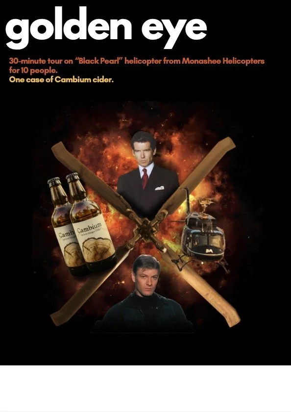 Promotional poster for a tour called 'golden eye,' featuring a man in a suit and tie, a helicopter, bottles of Cambium cider, a second man, and crossed wooden sticks against a fiery background.
