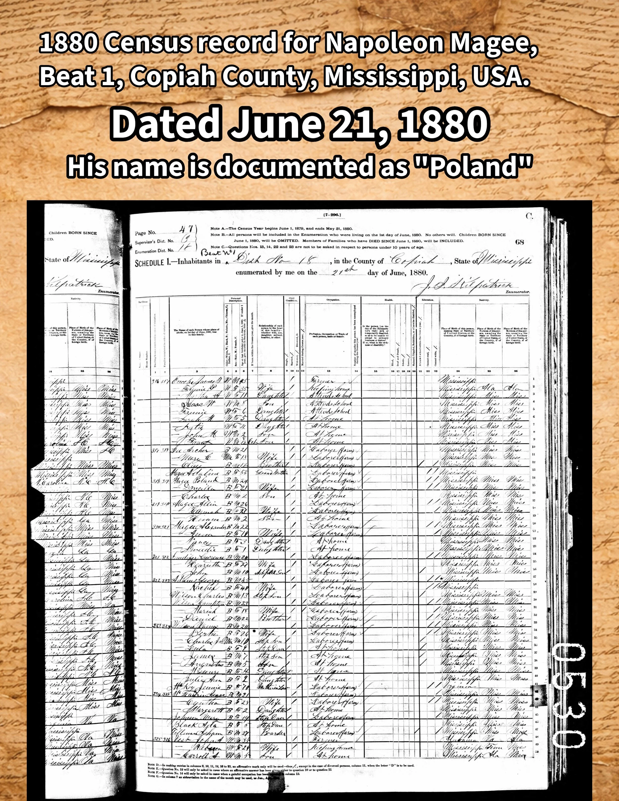  His name was recorded as “Poland” the second time he was documented, on June 21, 1880. Our team conducted a thorough analysis of the surrounding neighbors listed in the June 11–12 document to confirm that this was the same individual as in the first