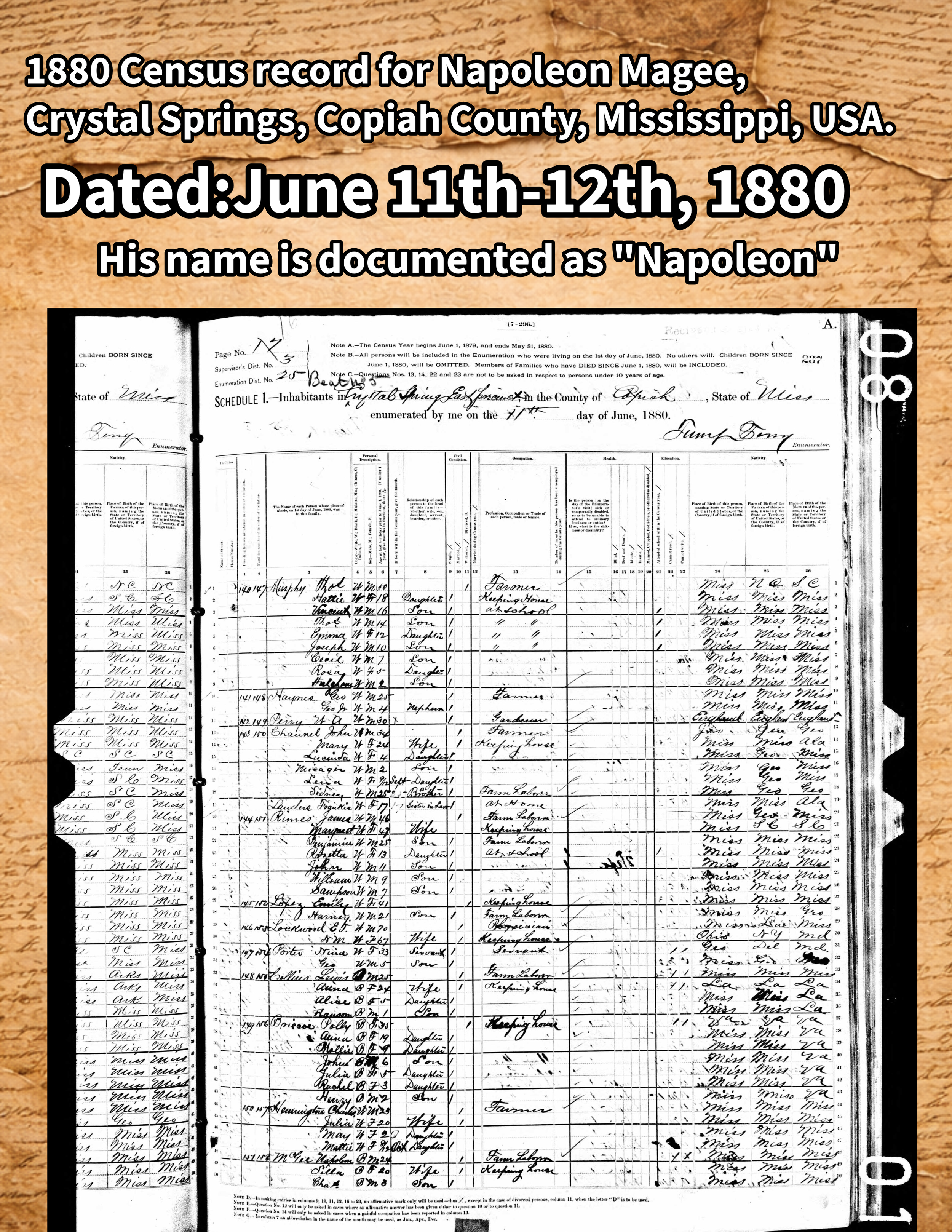The first time he was documented was between June 11 and 12, 1880, under the name “Napoleon” with the surname Magee. He was living near Adaline, Henrietta, and Alex.