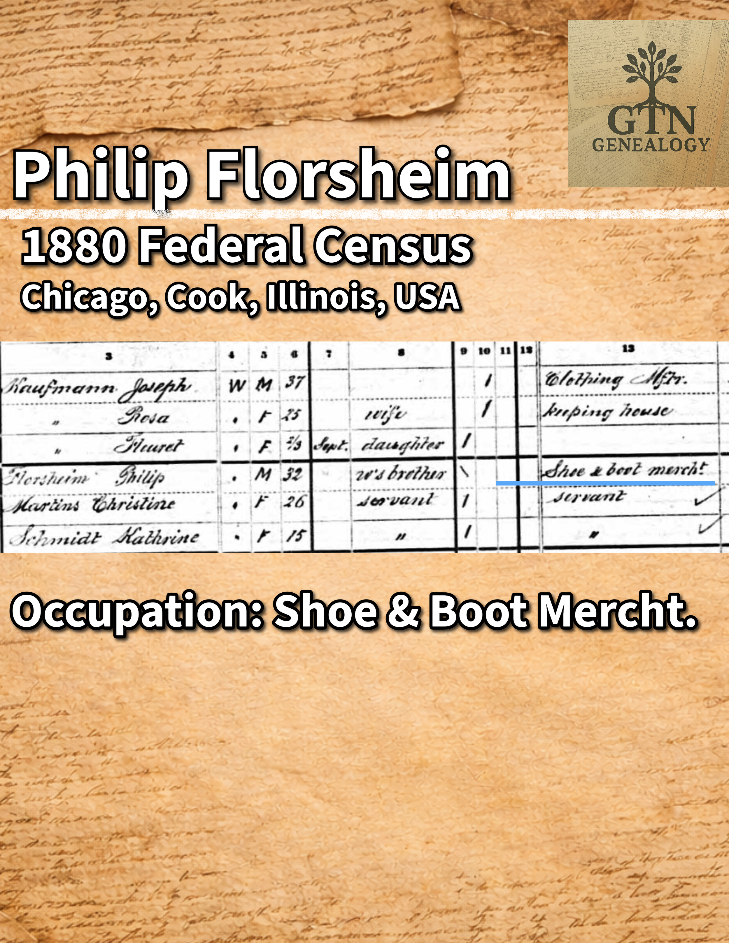 Philip Florsheim is listed in the 1880 census living with his brother-in-law. His occupation is recorded as a boot and shoe mercht