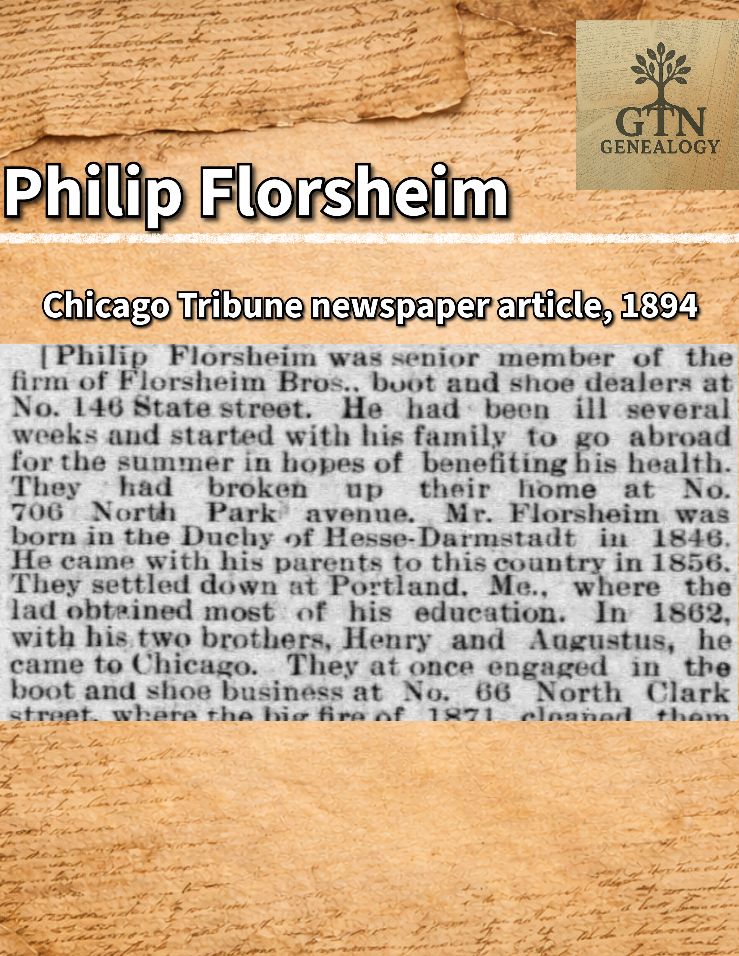 Chicago Tribune, 1894. Newspaper article providing insight into the life of Philip Florsheim