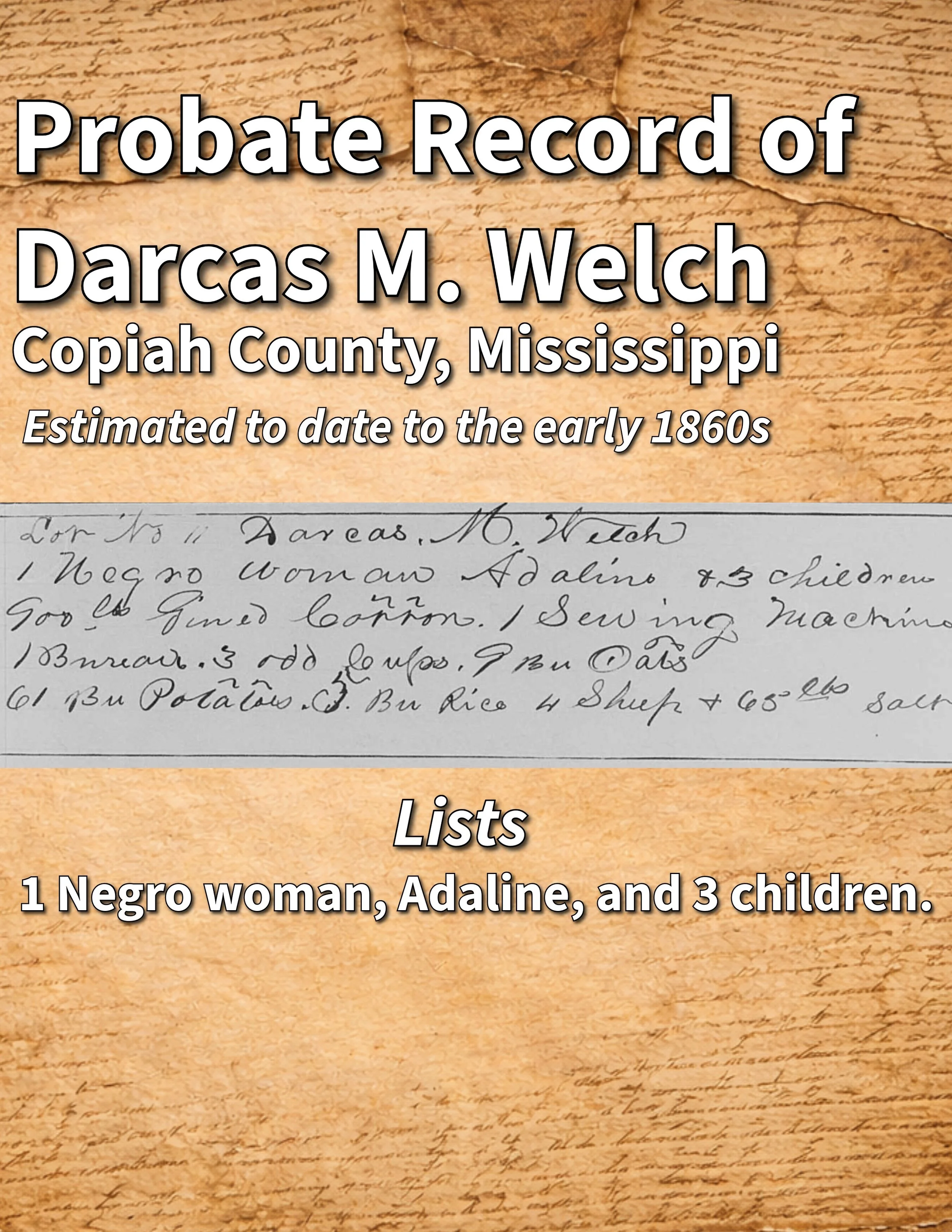 We discovered a probate record for Darcas M. Welch, estimated to date to the early 1860s, which lists “1 Negro woman, Adaline, and 3 children” as part of the estate, and after analyzing the area where Adaline and her three children—Napoleon, Henriett