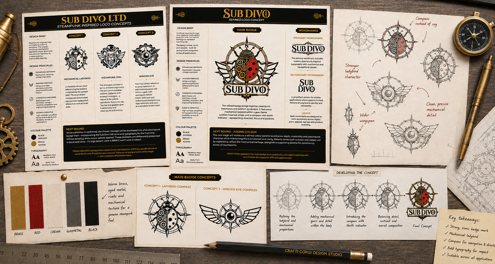 Sub Divo logo concept development boards with steampunk sketches, mechanical ladybird designs and brand identity exploration.