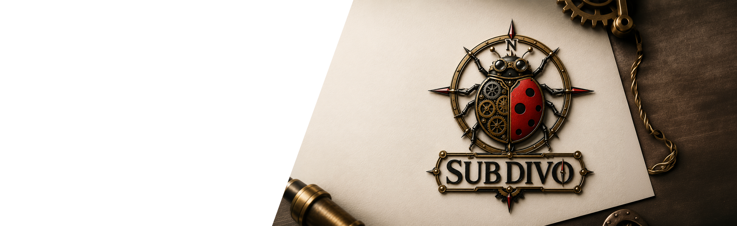 Sub Divo steampunk-inspired logo design featuring a mechanical ladybird and compass emblem.