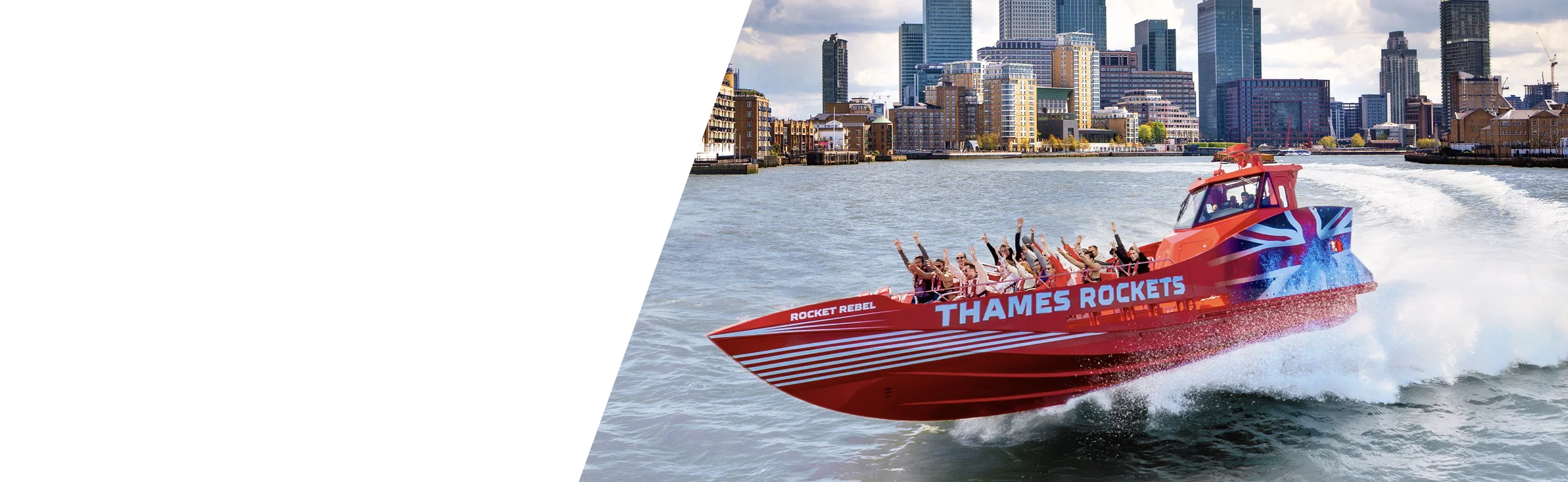 Thames Rockets Rocket Rebel speedboat on the River Thames, showcasing long-term branding, marketing and graphic design work by Crafti Corgi.