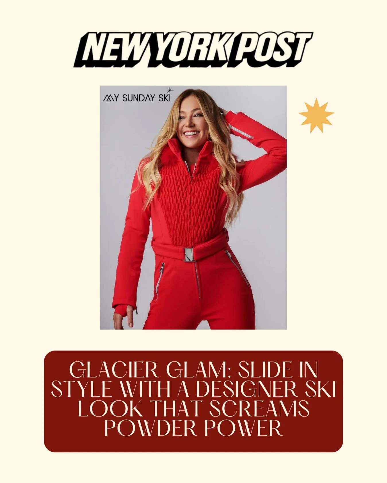 @mysundayski&rsquo;s &Eacute;l&eacute;gance St. Moritz ski suit in @nypost 🎿❤️❄️