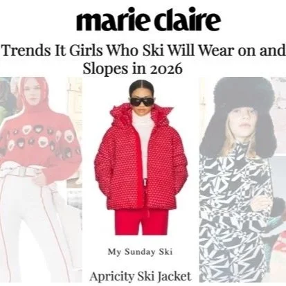 My Sunday Ski Magazine cover from Marie Claire titled 'Trends It Girls Who Ski Will Wear on and Slopes in 2026,' featuring three models in ski outfits, with a central model wearing a red puffy jacket and sunglasses.