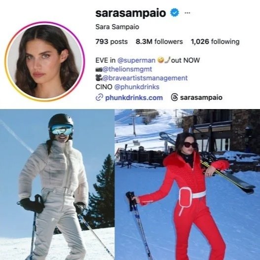 Instagram profile of Sara Sampaio featuring her profile picture, with two photos of her skiing in snowy outdoor settings wearing ski gear.