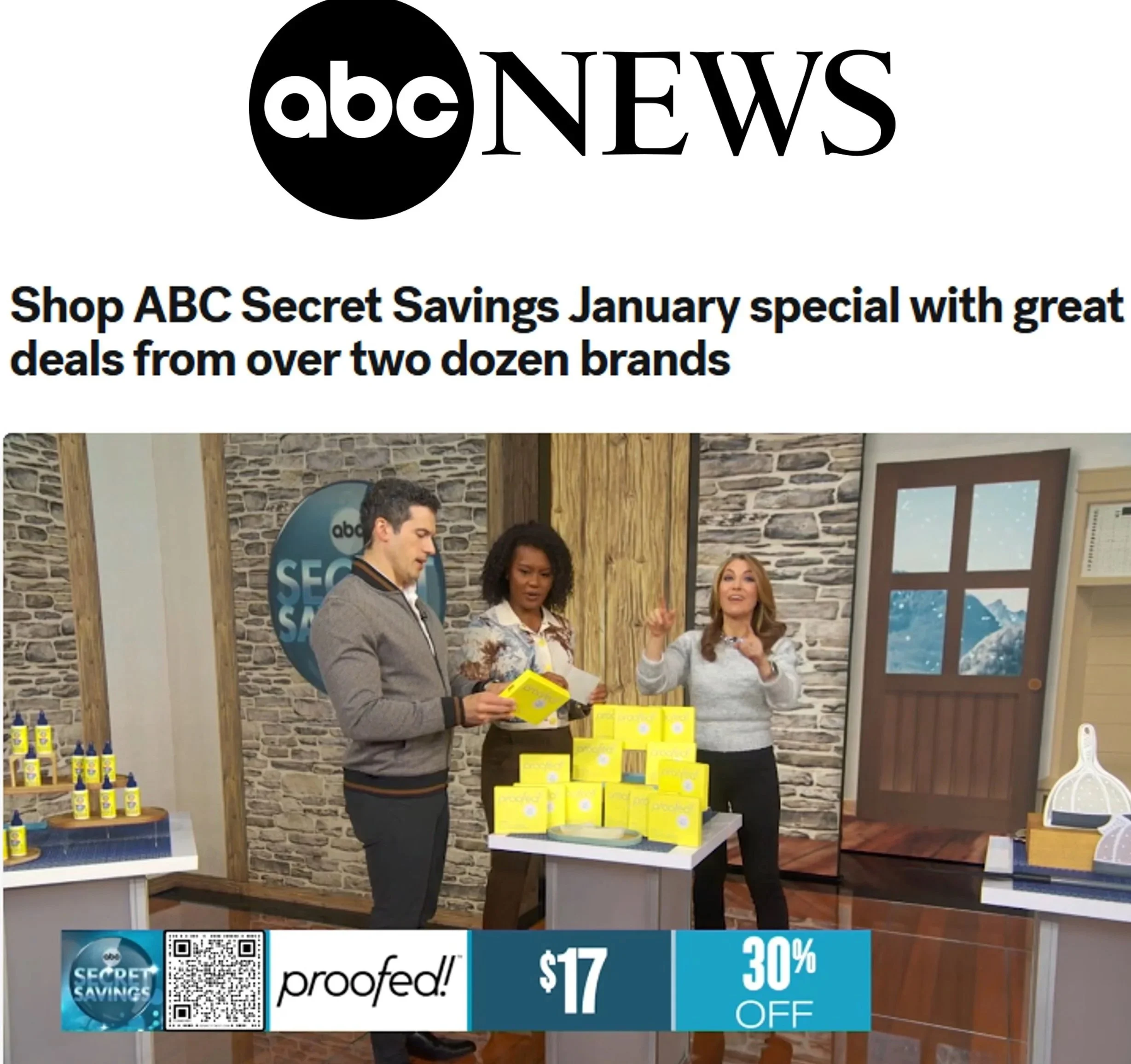 Television screen displaying a news segment about ABC Secret Savings with a promotional offer, featuring three hosts discussing a display of yellow products, with a QR code, price, and discount percentage.