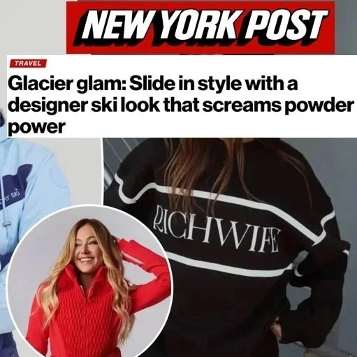 Cover of the New York Post with a headline about glacier glam and fashion styles, showing a woman in a black designer ski look with the word 'RICHWIFE' on it and another woman in a red sweater. My Sunday Ski