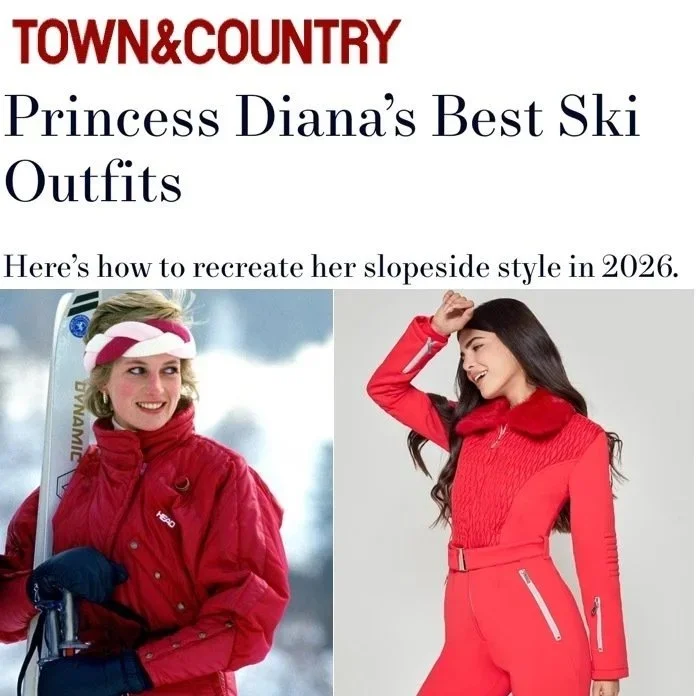 Magazine article from Town & Country titled "Princess Diana’s Best Ski Outfits." Features two images of women in red ski outfits, one with ski gear and the other posing indoors.